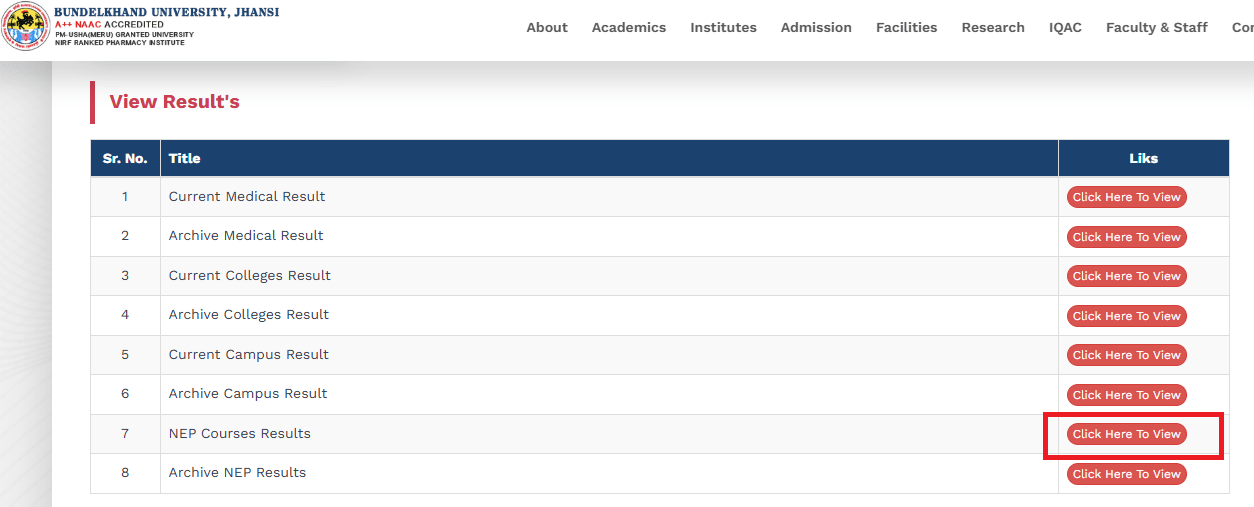 Click Here to View” option next to NEP Courses Result.webp