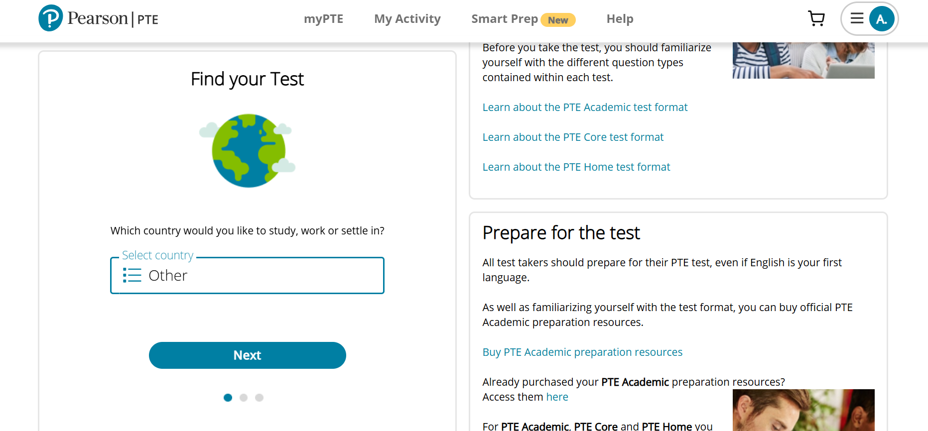 PTE Test Country Selection Screen.png