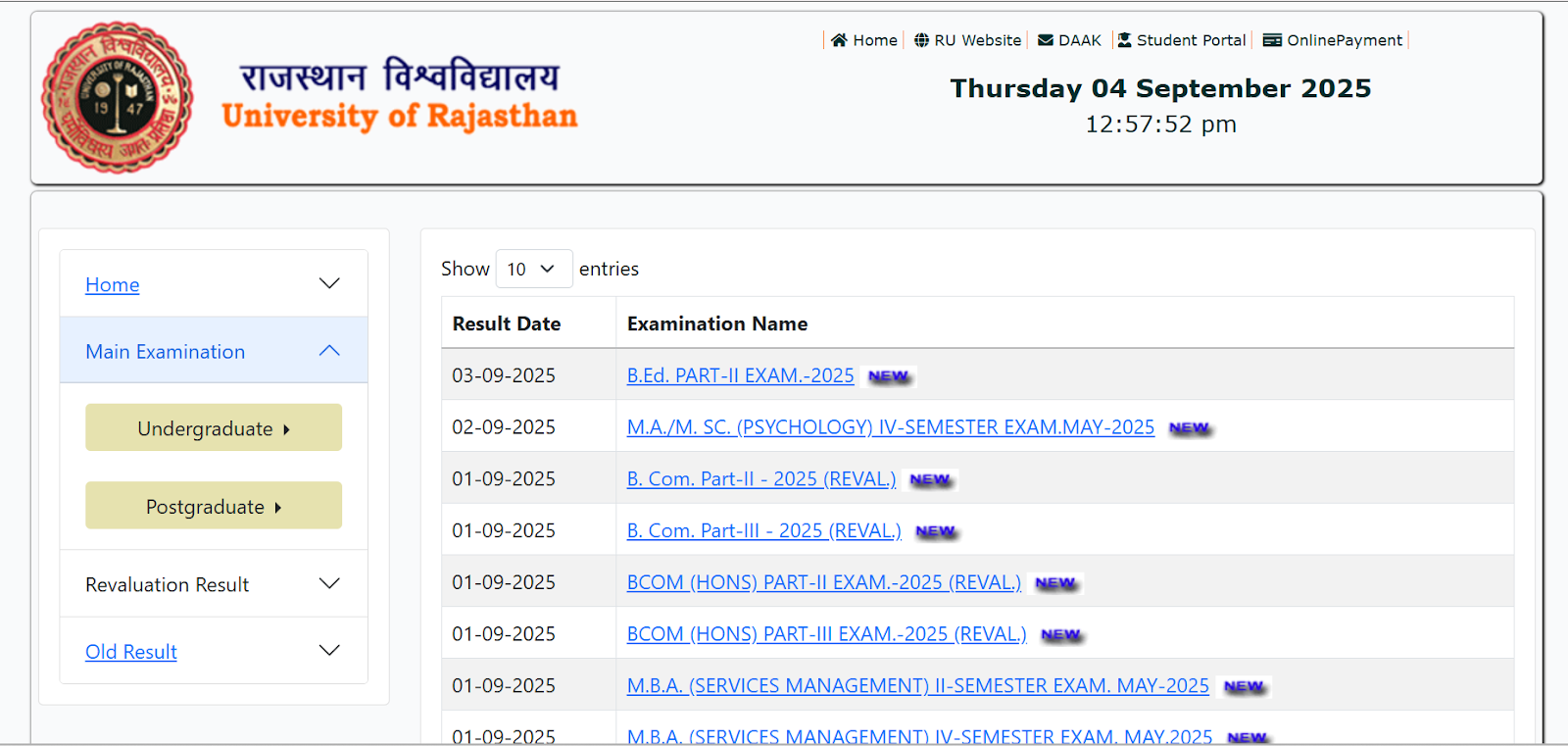 University of Rajasthan Exam Results 2025 Page.png